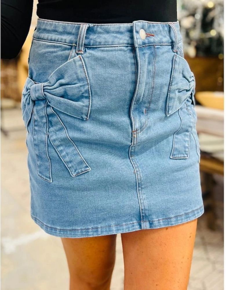 Dusk Blue Acid Wash Bowknot Details High Waist Denim Skirt