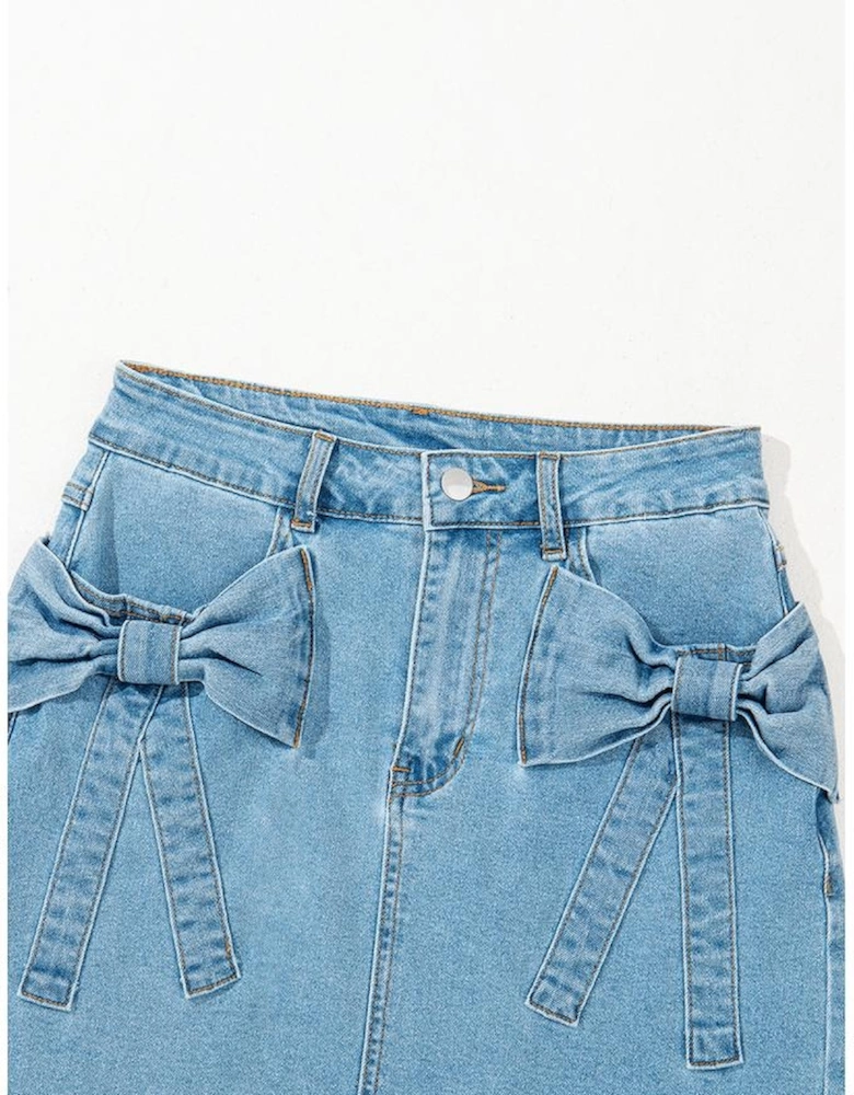 Dusk Blue Acid Wash Bowknot Details High Waist Denim Skirt
