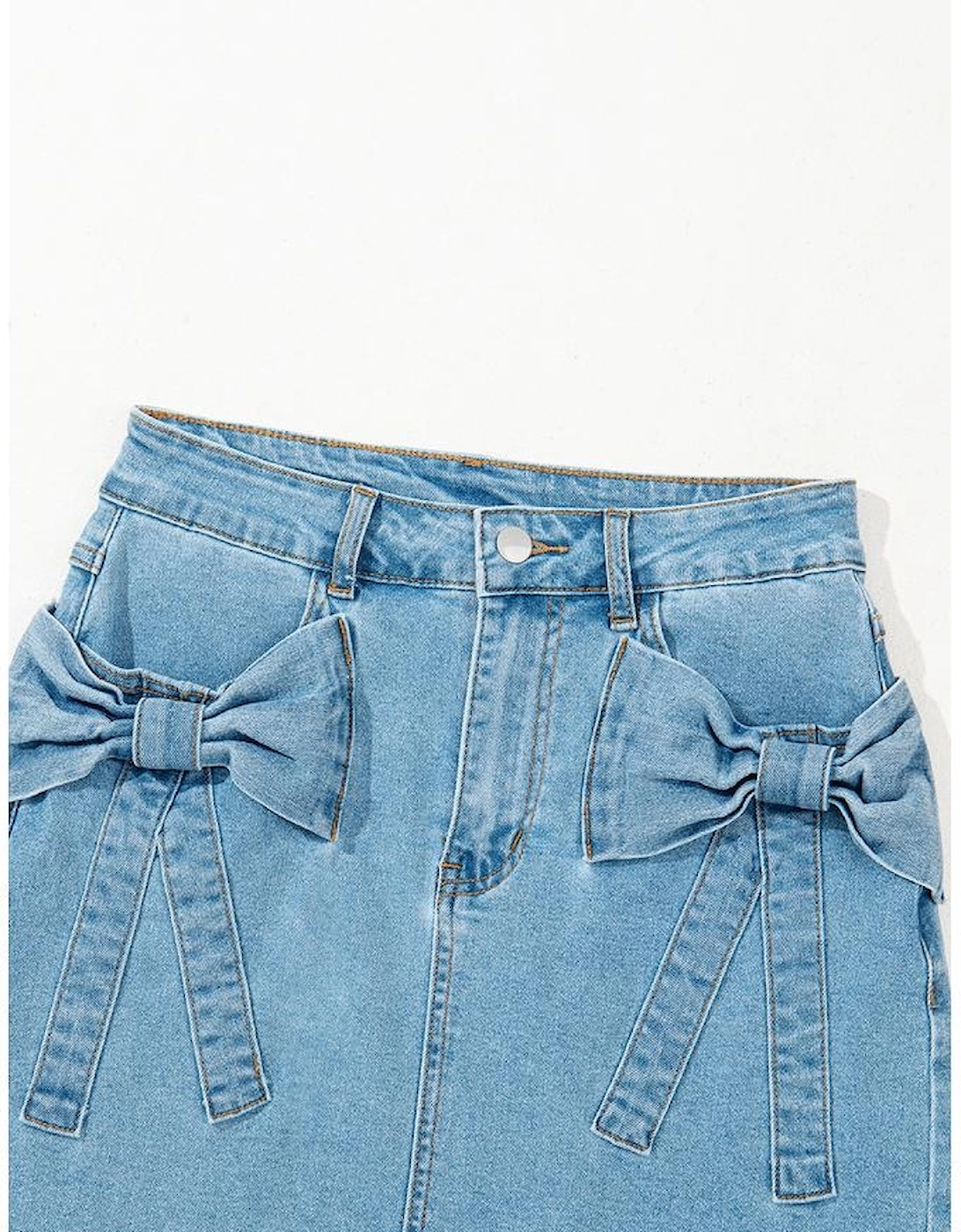 Dusk Blue Acid Wash Bowknot Details High Waist Denim Skirt