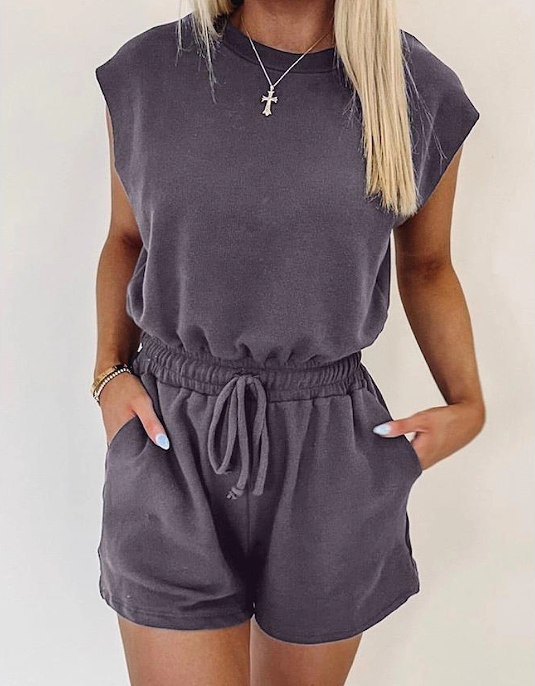 Bristol Black Knit Open Back Cap Sleeve Drawstring Romper