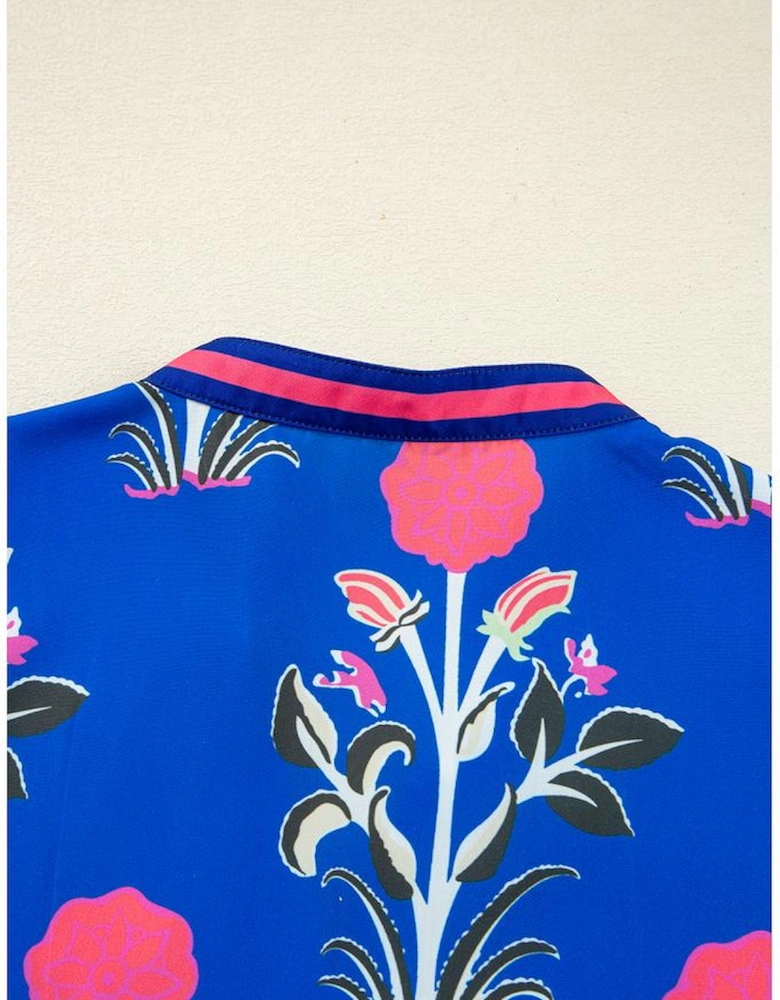 Sky Blue Floral Print Contrast Striped Trim Notched Neck Long Sleeve Dress