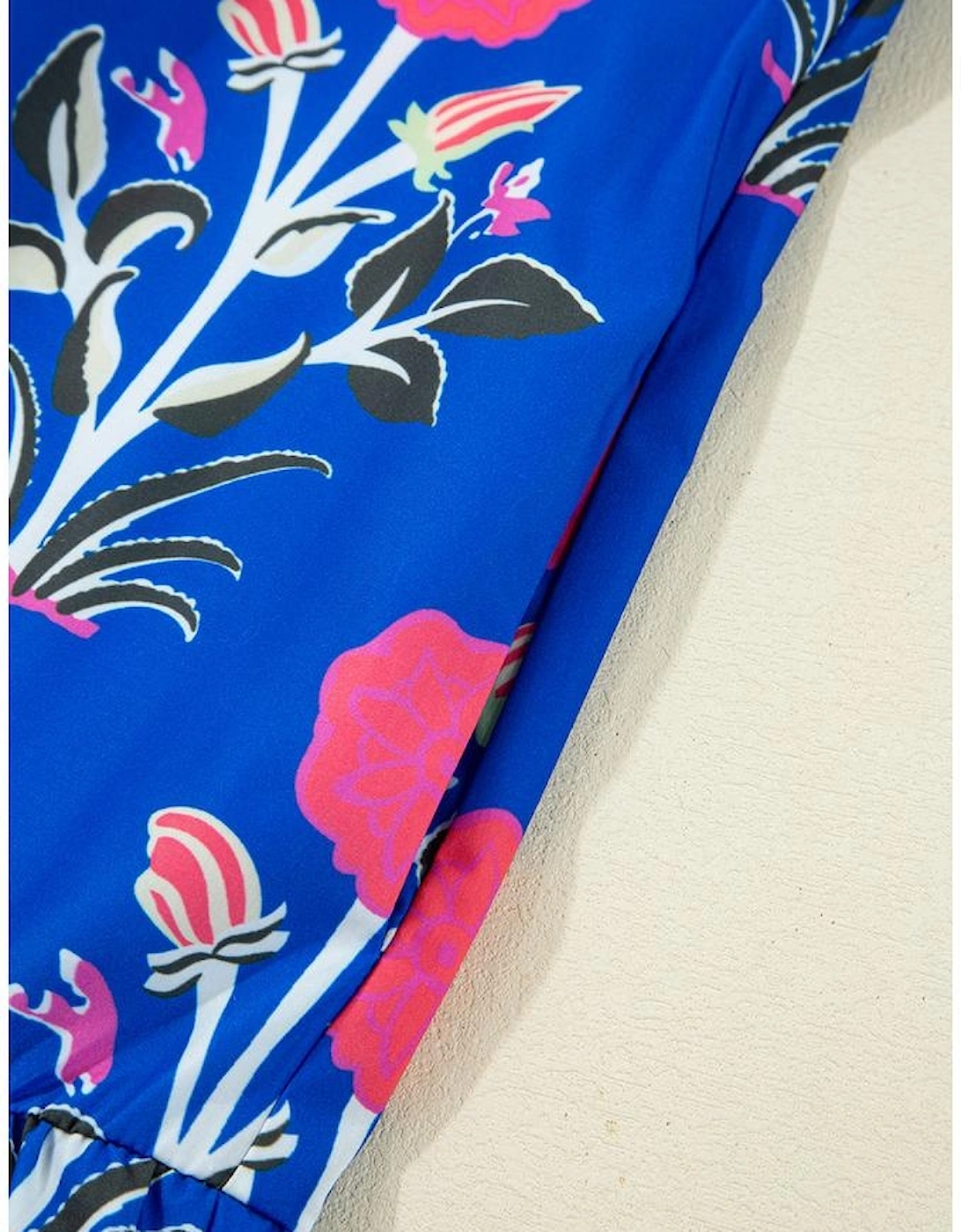 Sky Blue Floral Print Contrast Striped Trim Notched Neck Long Sleeve Dress