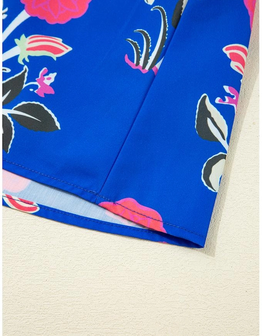 Sky Blue Floral Print Contrast Striped Trim Notched Neck Long Sleeve Dress