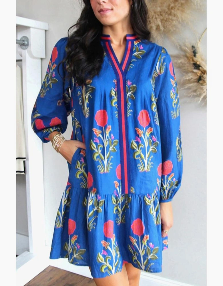 Sky Blue Floral Print Contrast Striped Trim Notched Neck Long Sleeve Dress