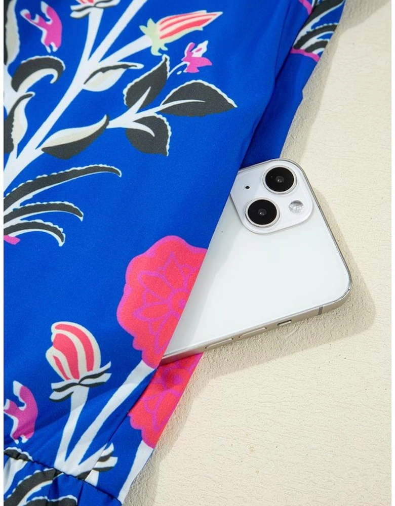 Sky Blue Floral Print Contrast Striped Trim Notched Neck Long Sleeve Dress