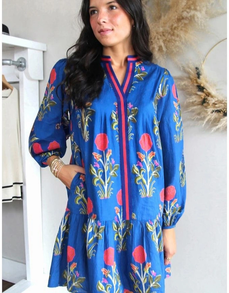 Sky Blue Floral Print Contrast Striped Trim Notched Neck Long Sleeve Dress