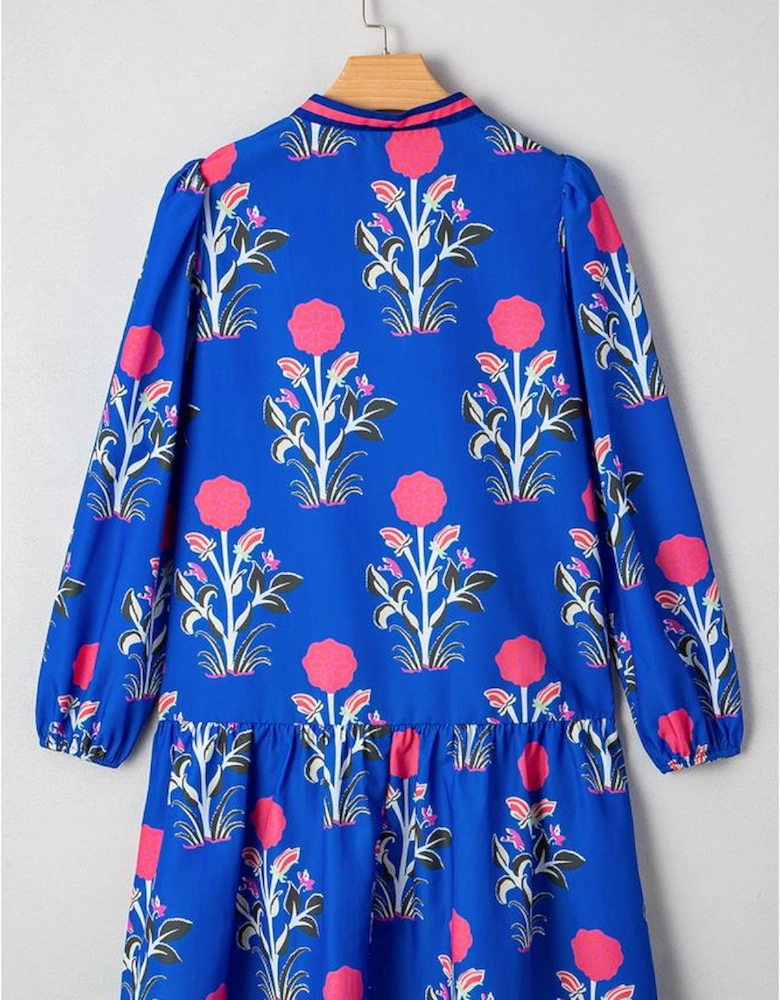 Sky Blue Floral Print Contrast Striped Trim Notched Neck Long Sleeve Dress