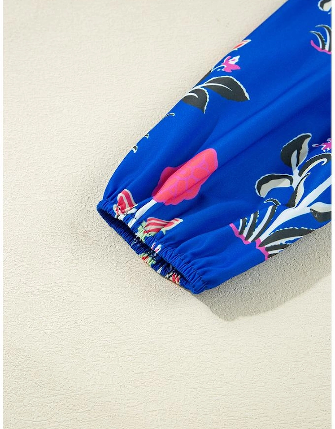 Sky Blue Floral Print Contrast Striped Trim Notched Neck Long Sleeve Dress