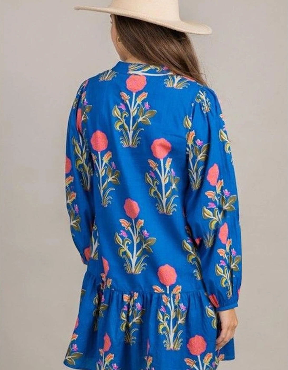 Sky Blue Floral Print Contrast Striped Trim Notched Neck Long Sleeve Dress, 13 of 12