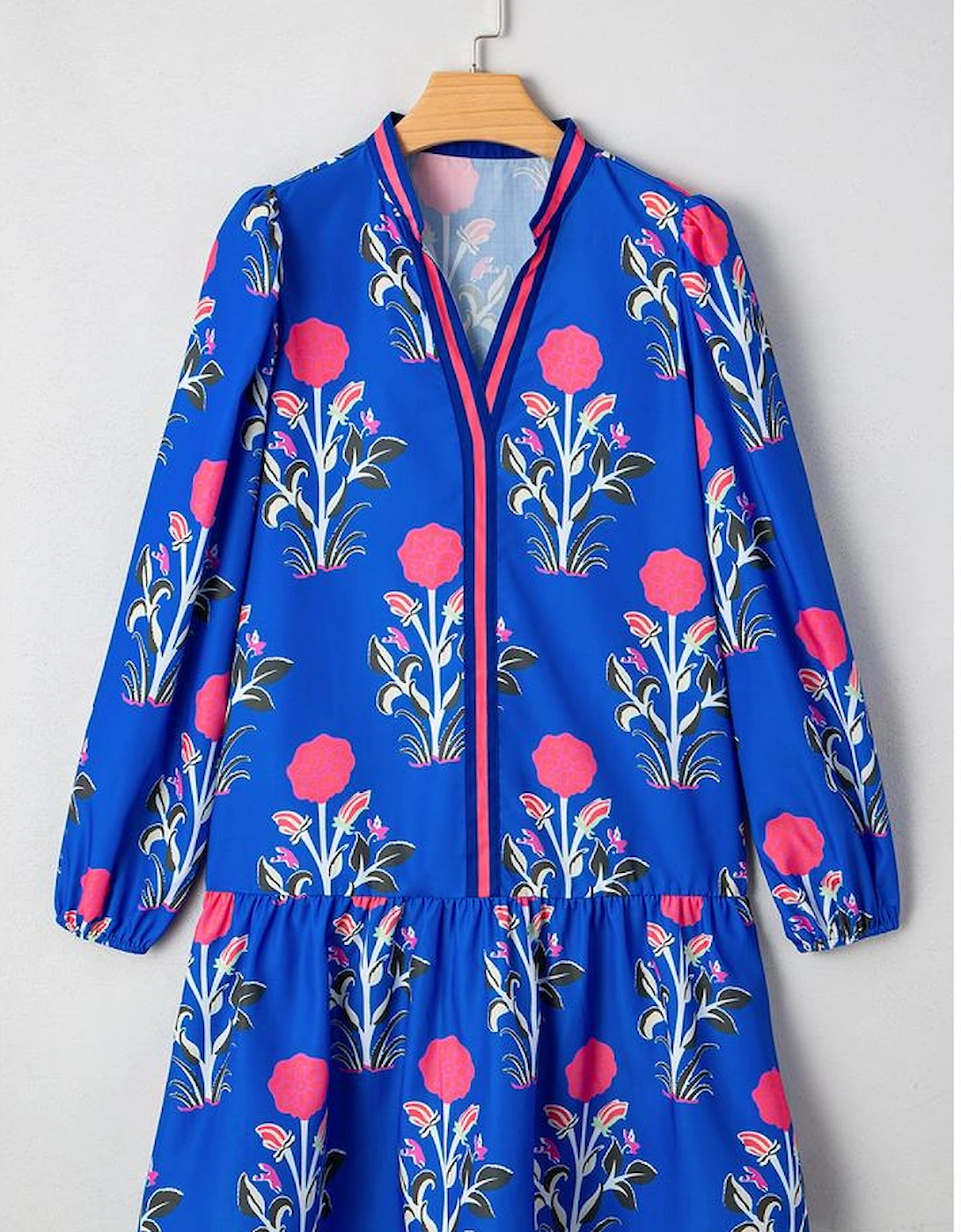 Sky Blue Floral Print Contrast Striped Trim Notched Neck Long Sleeve Dress