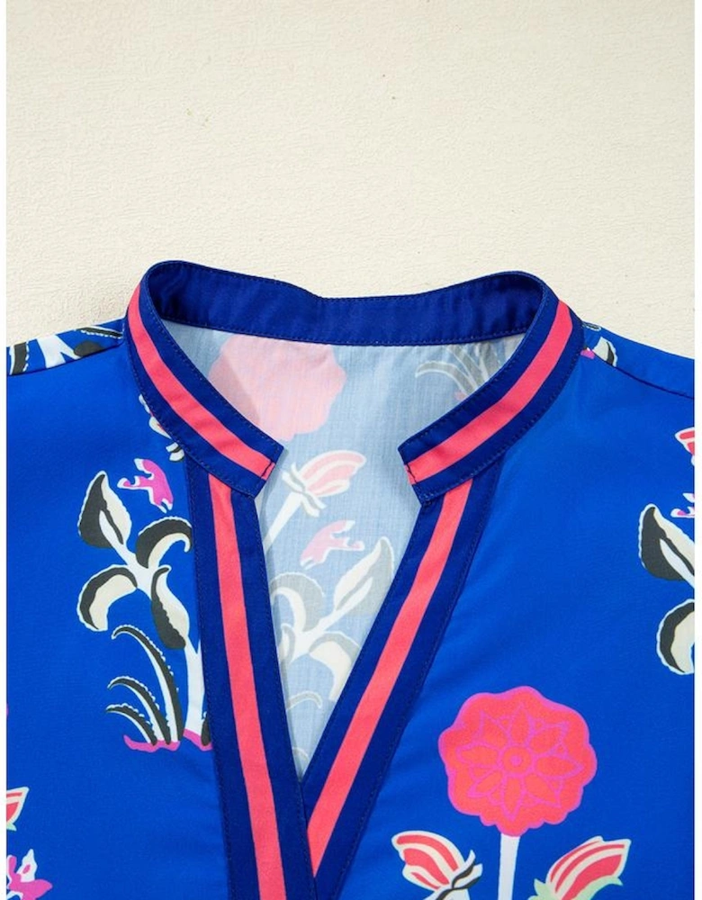 Sky Blue Floral Print Contrast Striped Trim Notched Neck Long Sleeve Dress