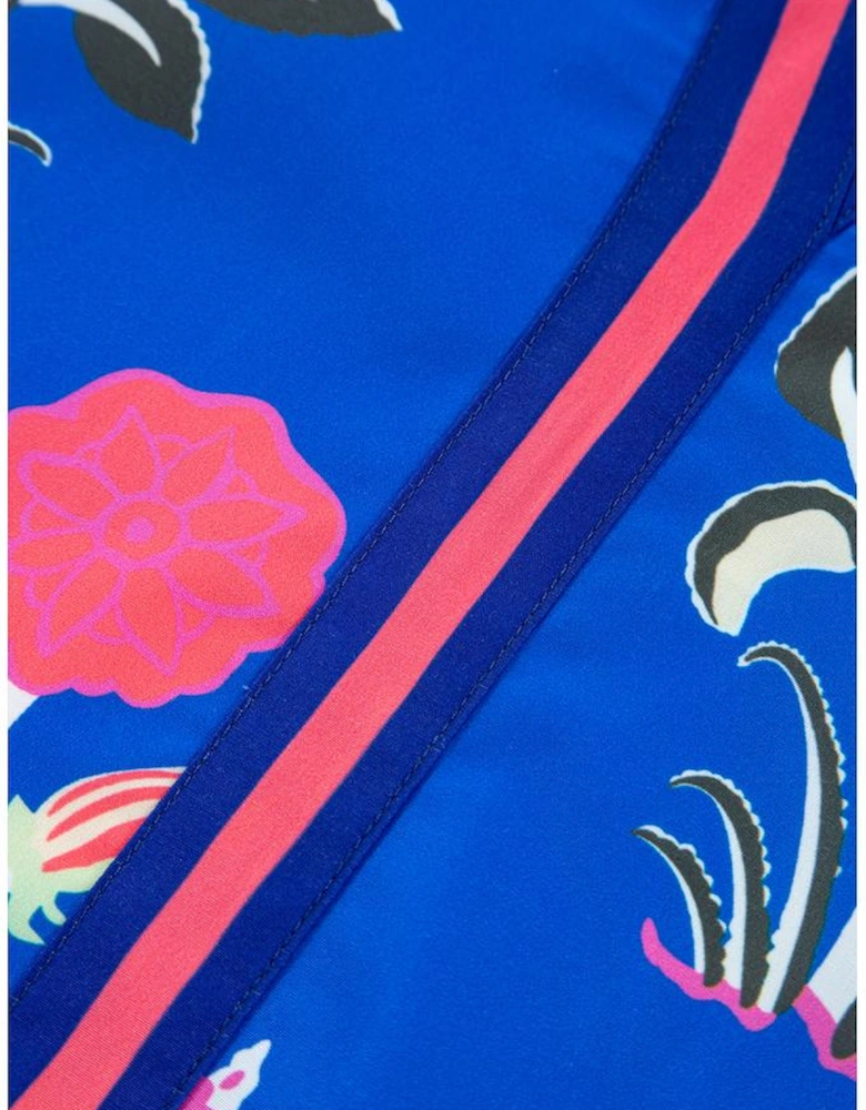 Sky Blue Floral Print Contrast Striped Trim Notched Neck Long Sleeve Dress