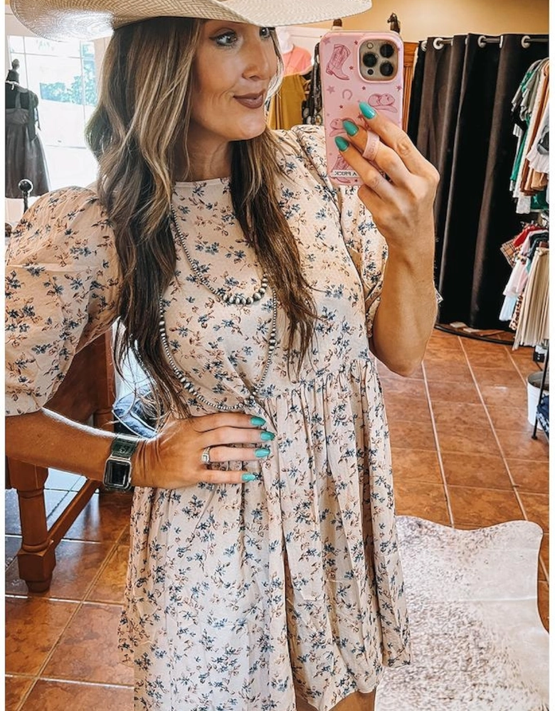 Beige Floral Puff Short Sleeve Empire Waist Mini Dress