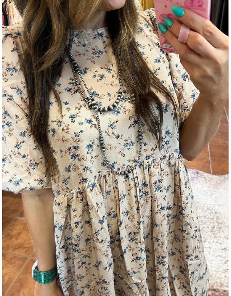 Beige Floral Puff Short Sleeve Empire Waist Mini Dress