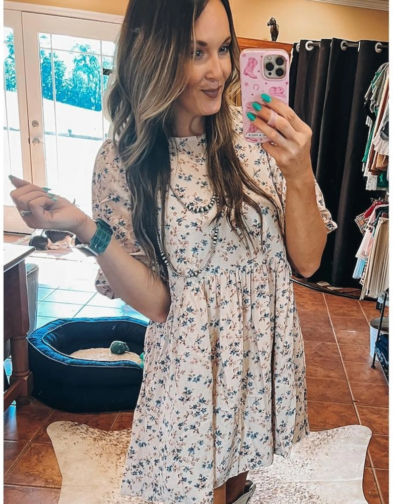 Beige Floral Puff Short Sleeve Empire Waist Mini Dress