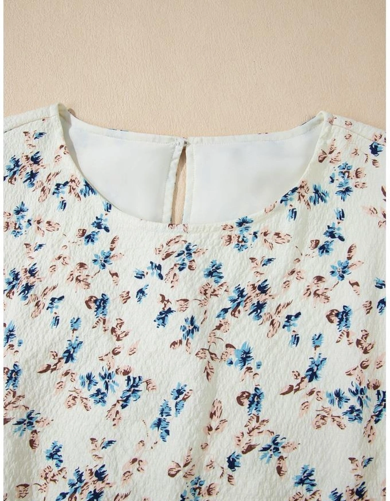 Beige Floral Puff Short Sleeve Empire Waist Mini Dress