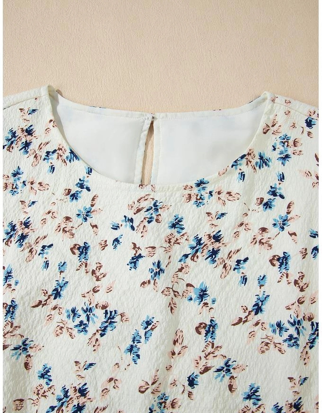 Beige Floral Puff Short Sleeve Empire Waist Mini Dress