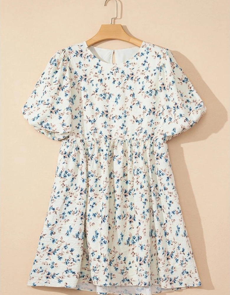 Beige Floral Puff Short Sleeve Empire Waist Mini Dress