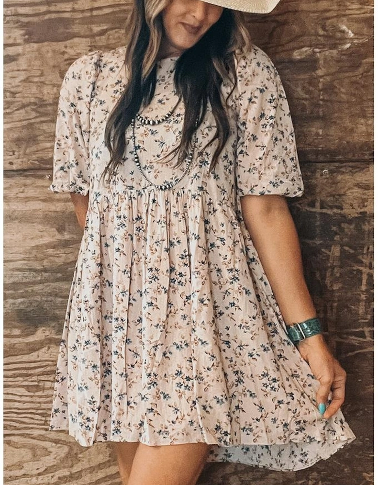 Beige Floral Puff Short Sleeve Empire Waist Mini Dress