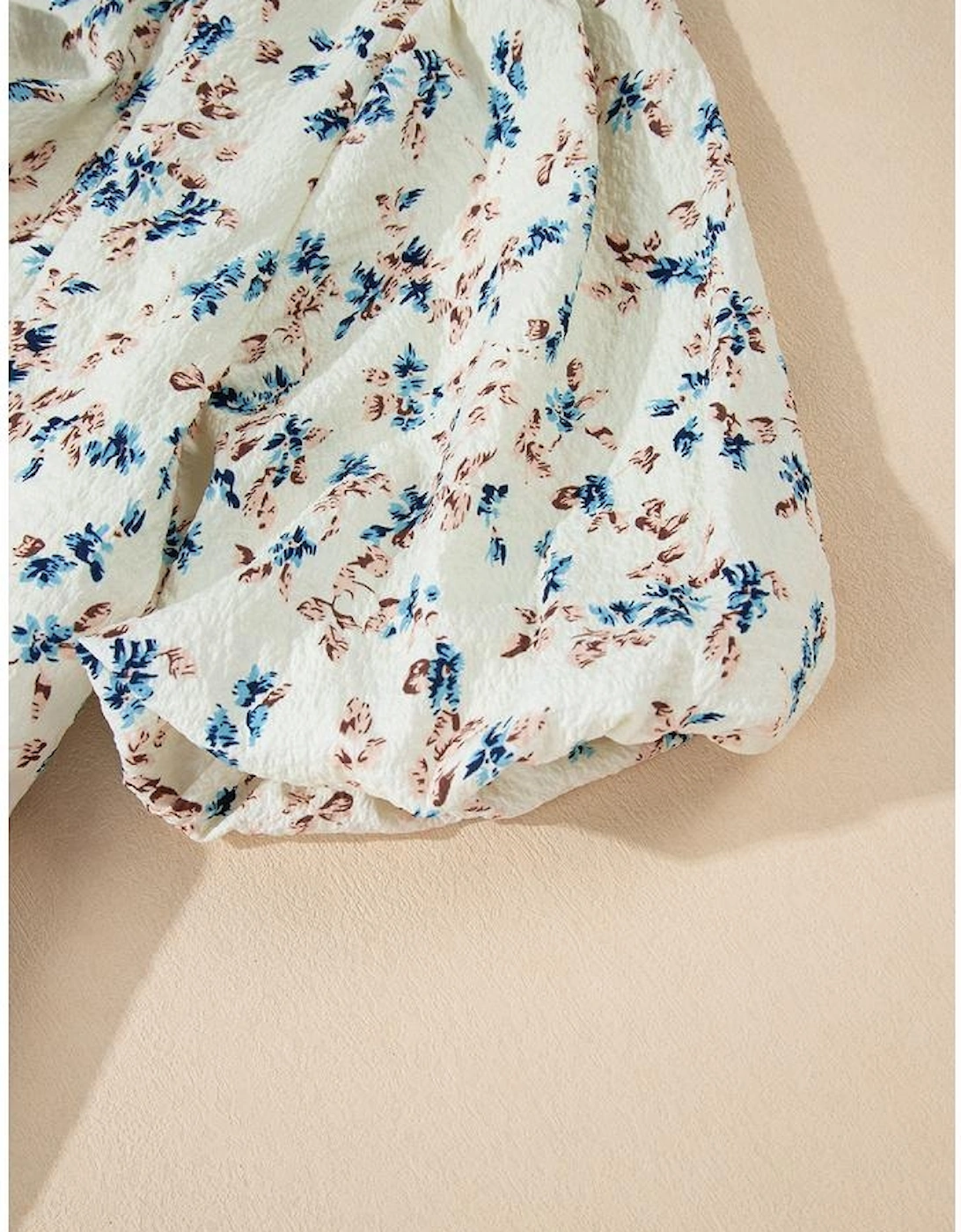 Beige Floral Puff Short Sleeve Empire Waist Mini Dress