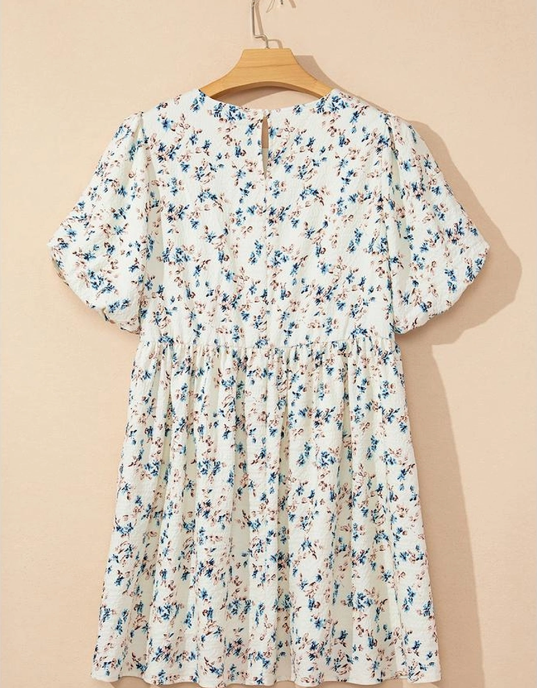 Beige Floral Puff Short Sleeve Empire Waist Mini Dress