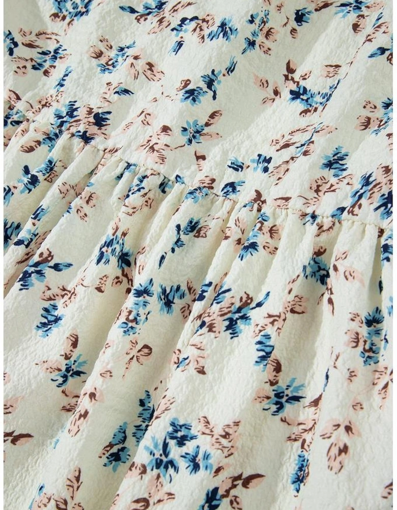 Beige Floral Puff Short Sleeve Empire Waist Mini Dress