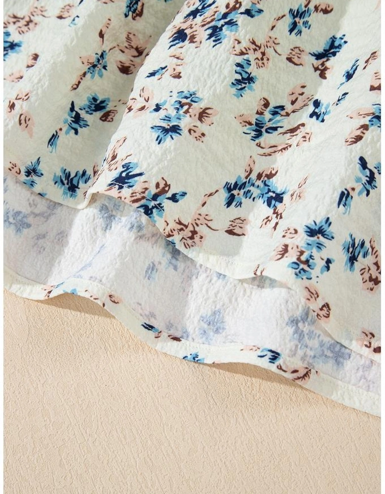 Beige Floral Puff Short Sleeve Empire Waist Mini Dress