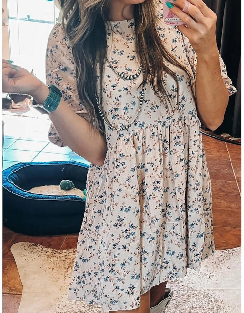 Beige Floral Puff Short Sleeve Empire Waist Mini Dress