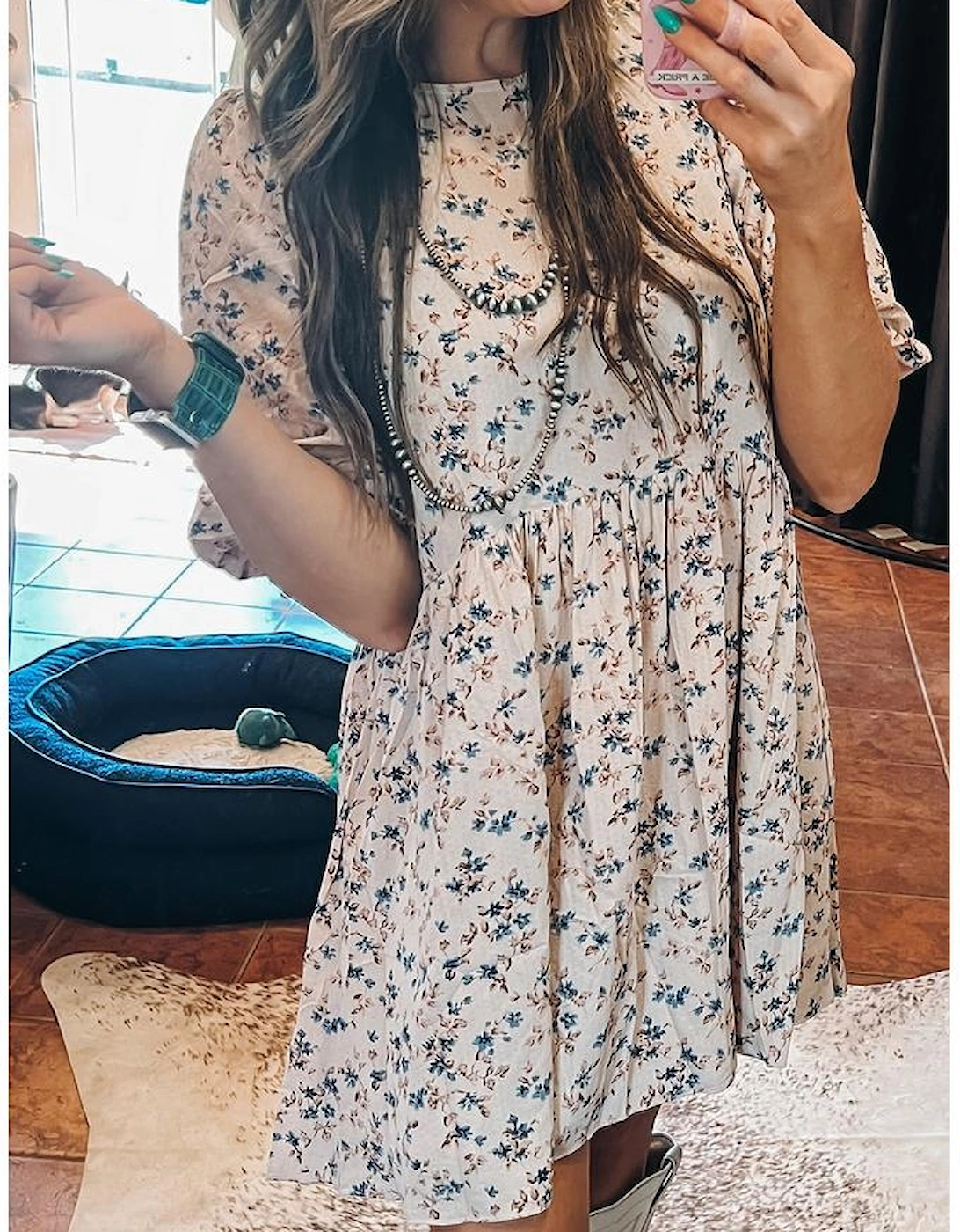 Beige Floral Puff Short Sleeve Empire Waist Mini Dress, 15 of 14