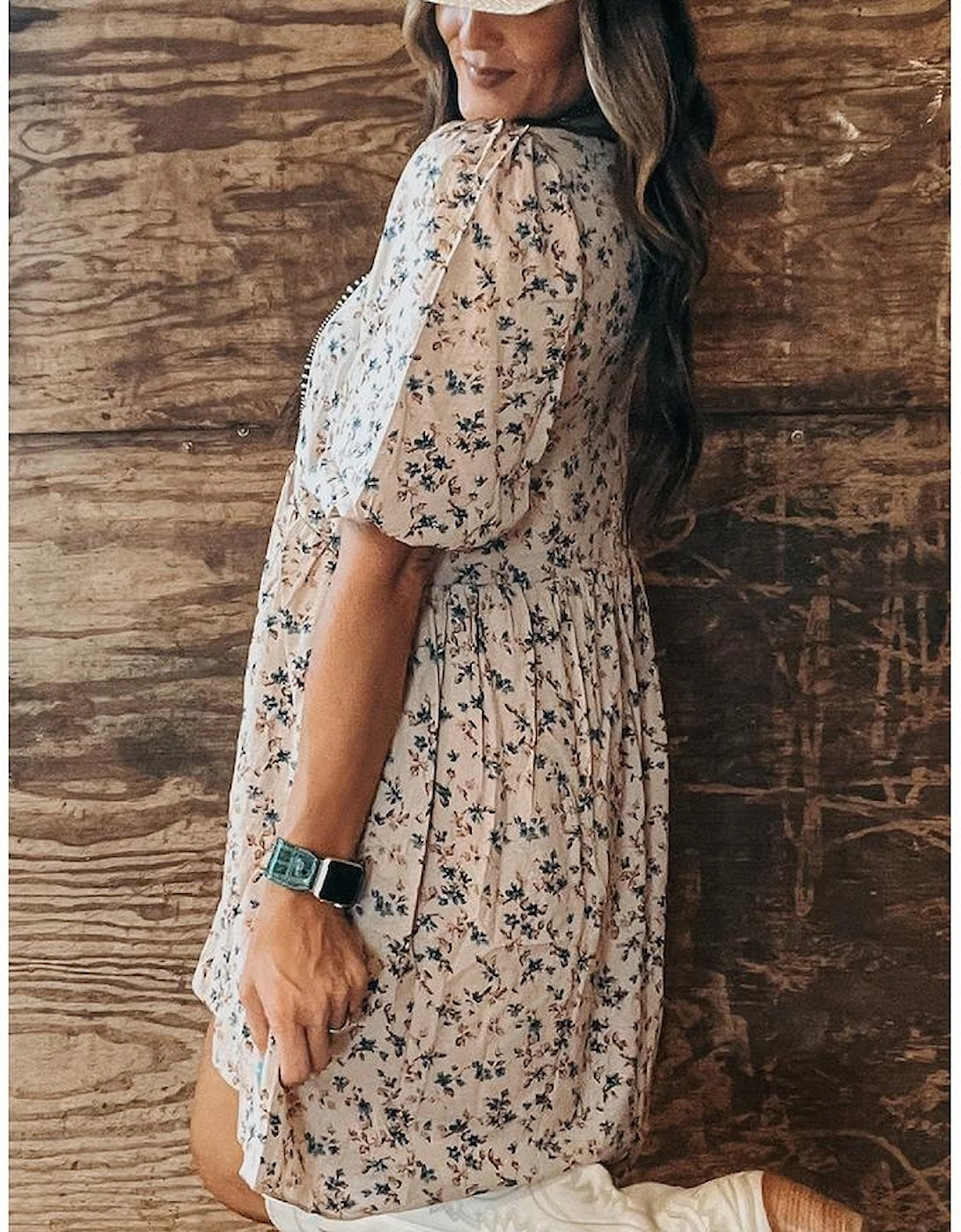 Beige Floral Puff Short Sleeve Empire Waist Mini Dress