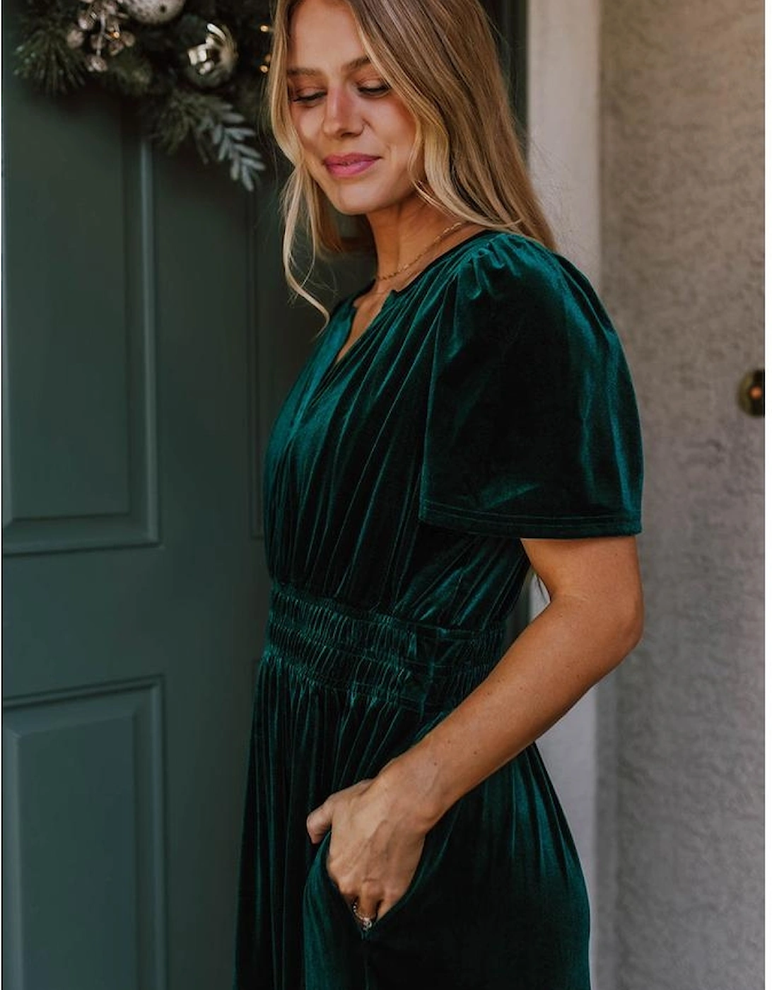 Evergreen Velvet Short Sleeve Shirred Waist Tiered Maxi Dress, 11 of 10