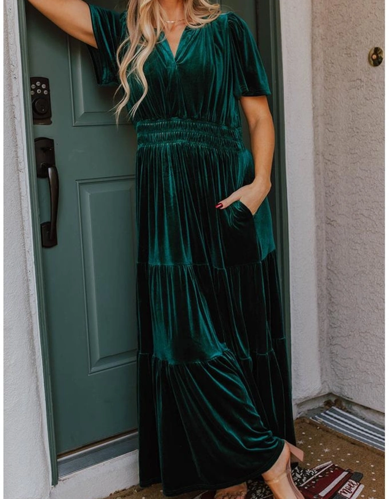 Evergreen Velvet Short Sleeve Shirred Waist Tiered Maxi Dress