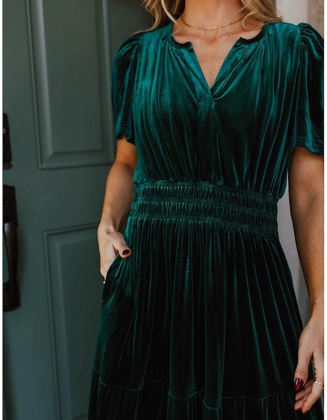 Evergreen Velvet Short Sleeve Shirred Waist Tiered Maxi Dress