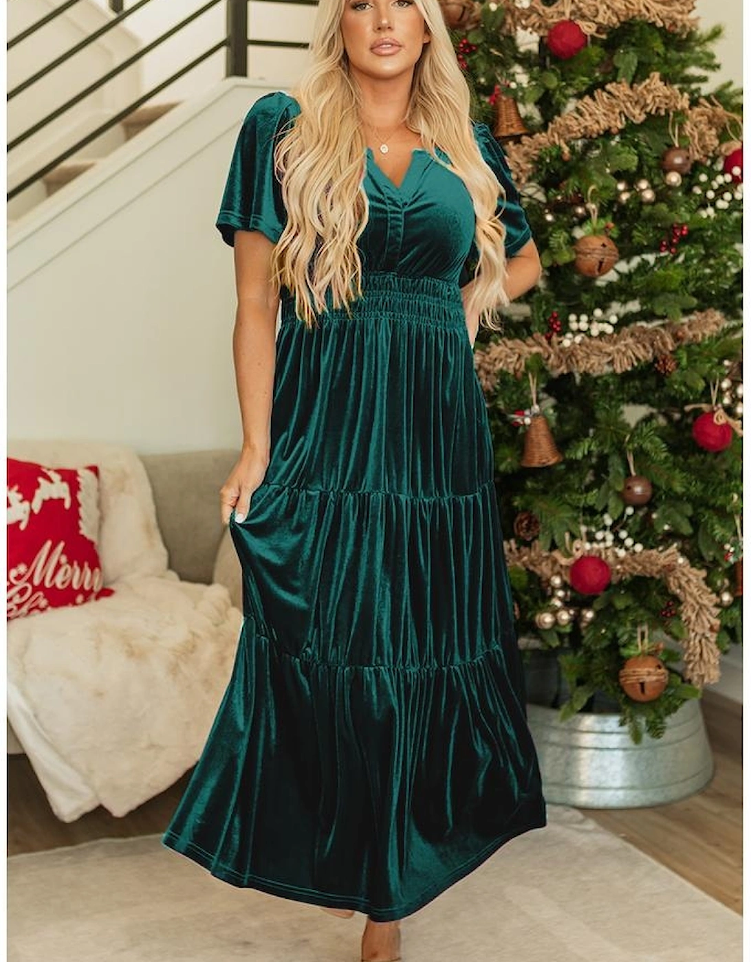 Evergreen Velvet Short Sleeve Shirred Waist Tiered Maxi Dress