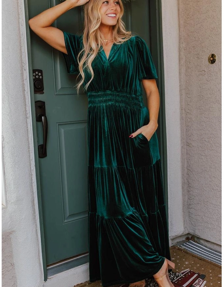 Evergreen Velvet Short Sleeve Shirred Waist Tiered Maxi Dress