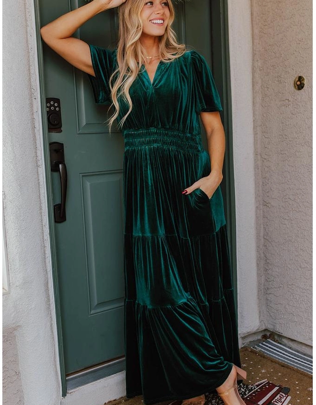 Evergreen Velvet Short Sleeve Shirred Waist Tiered Maxi Dress