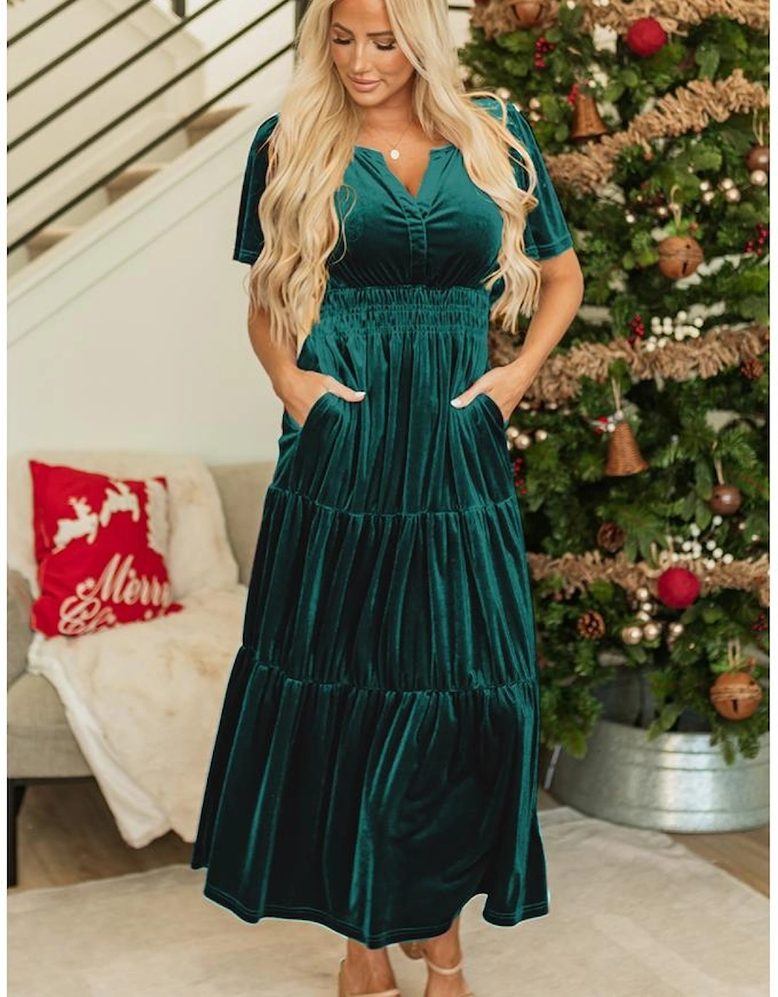 Evergreen Velvet Short Sleeve Shirred Waist Tiered Maxi Dress