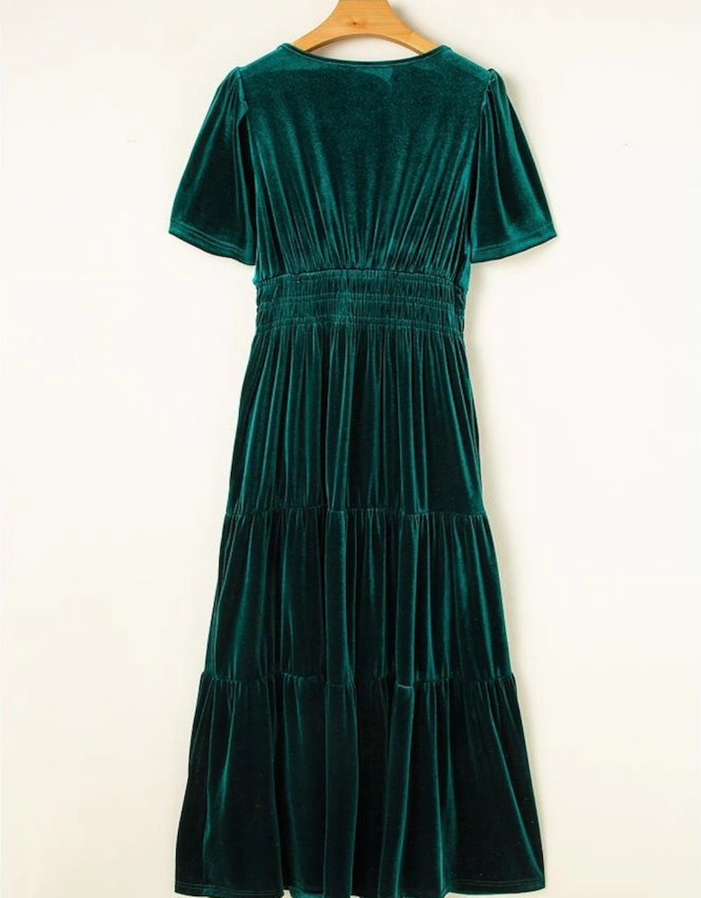 Evergreen Velvet Short Sleeve Shirred Waist Tiered Maxi Dress