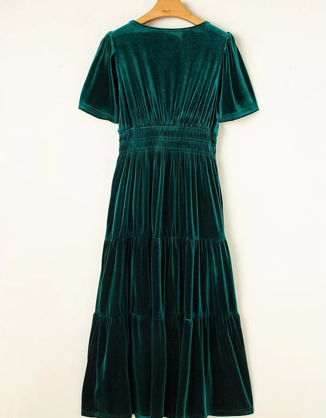 Evergreen Velvet Short Sleeve Shirred Waist Tiered Maxi Dress