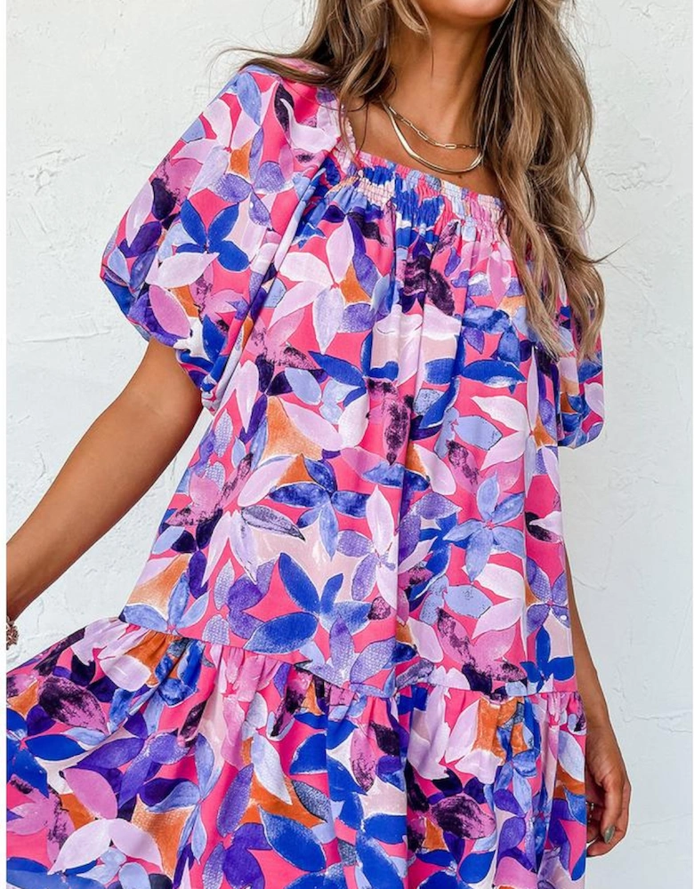 Purple Flower Print Short Puff Sleeve Ruffled Dress