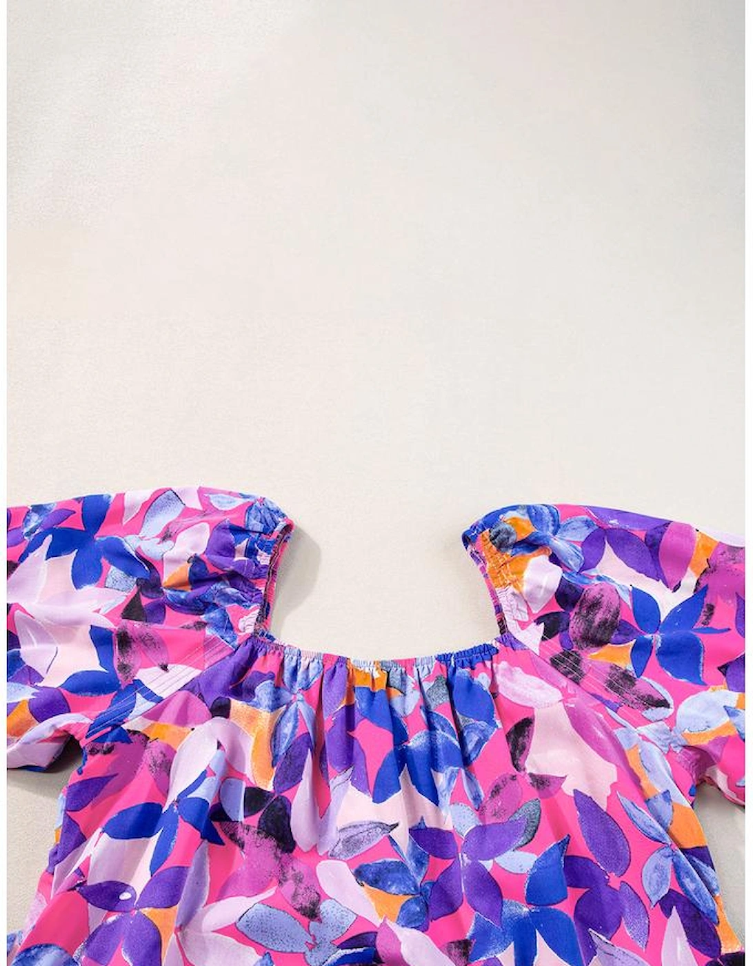 Purple Flower Print Short Puff Sleeve Ruffled Dress