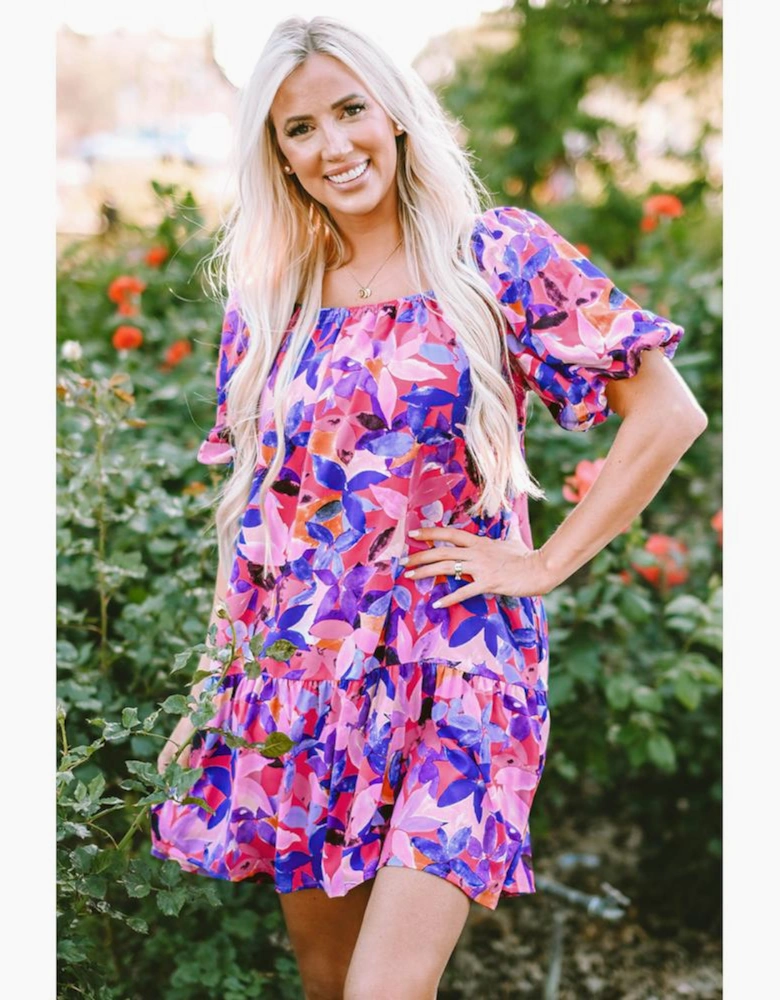 Purple Flower Print Short Puff Sleeve Ruffled Dress