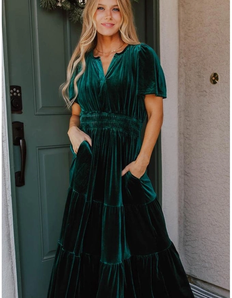 Evergreen Velvet Short Sleeve Shirred Waist Tiered Maxi Dress