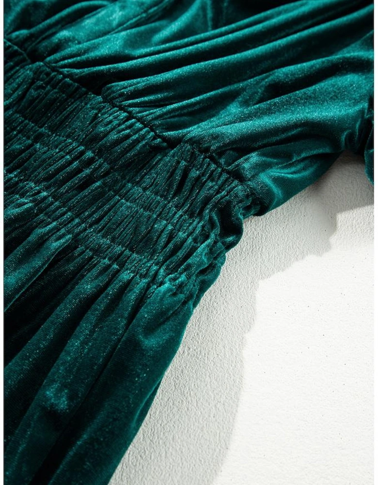 Evergreen Velvet Short Sleeve Shirred Waist Tiered Maxi Dress