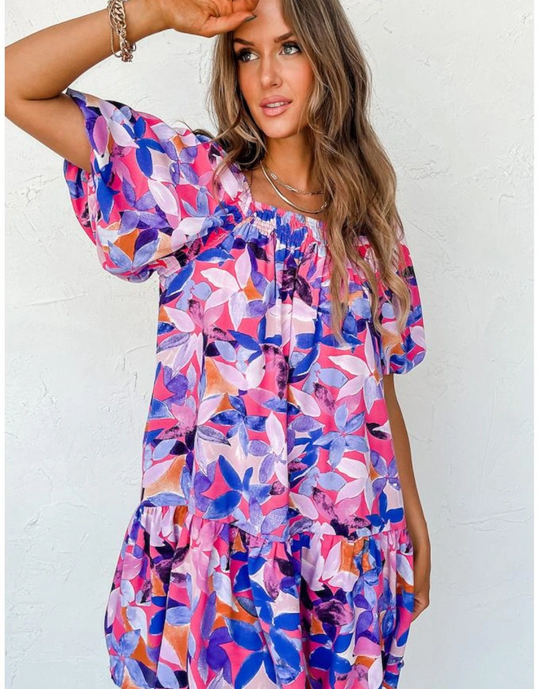 Purple Flower Print Short Puff Sleeve Ruffled Dress