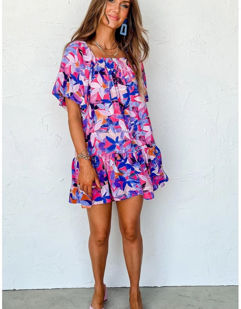 Purple Flower Print Short Puff Sleeve Ruffled Dress