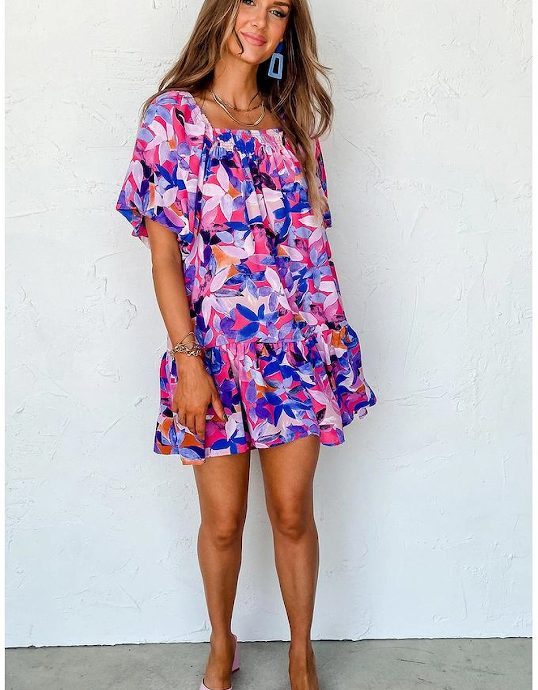 Purple Flower Print Short Puff Sleeve Ruffled Dress
