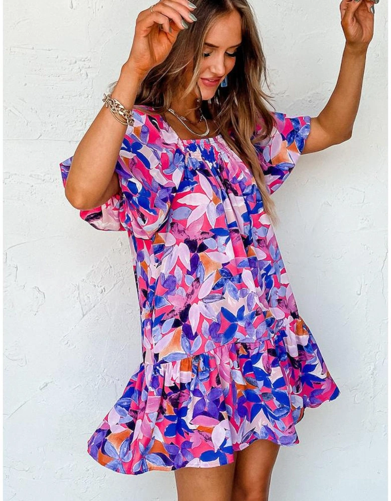 Purple Flower Print Short Puff Sleeve Ruffled Dress