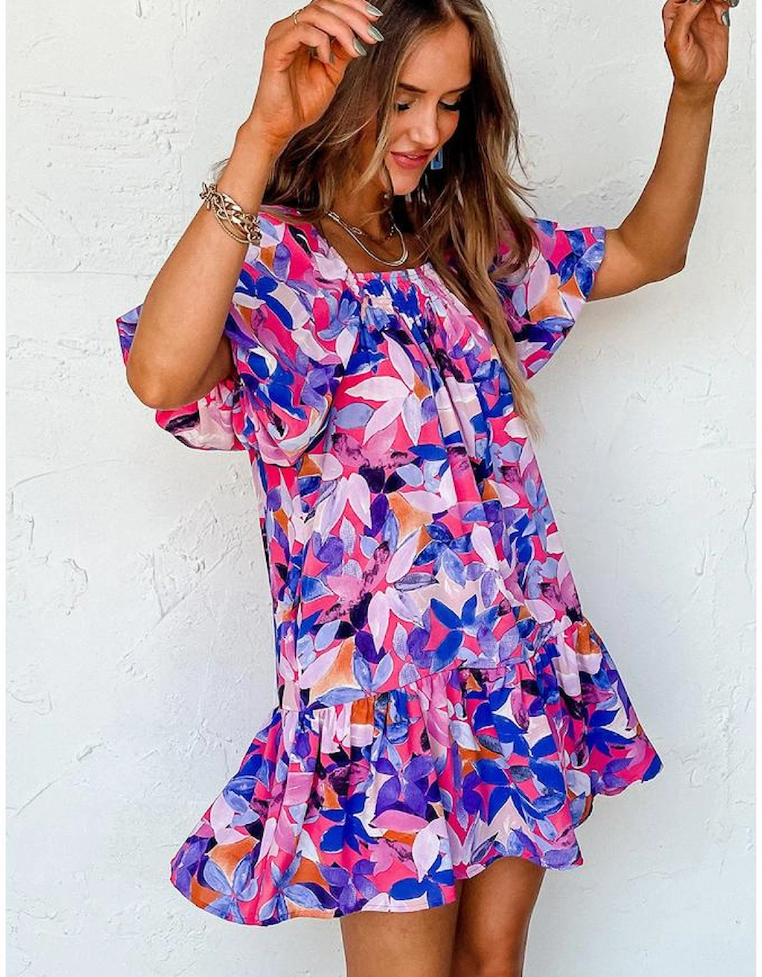 Purple Flower Print Short Puff Sleeve Ruffled Dress