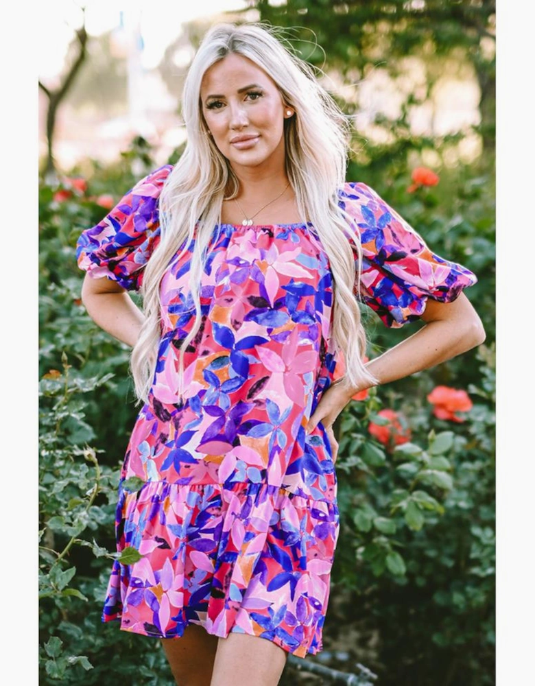 Purple Flower Print Short Puff Sleeve Ruffled Dress